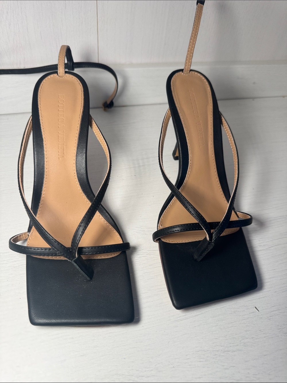Bottega Veneta Black & Tan Strappy Square-Toe Slingback Heels - Picture 1 of 2